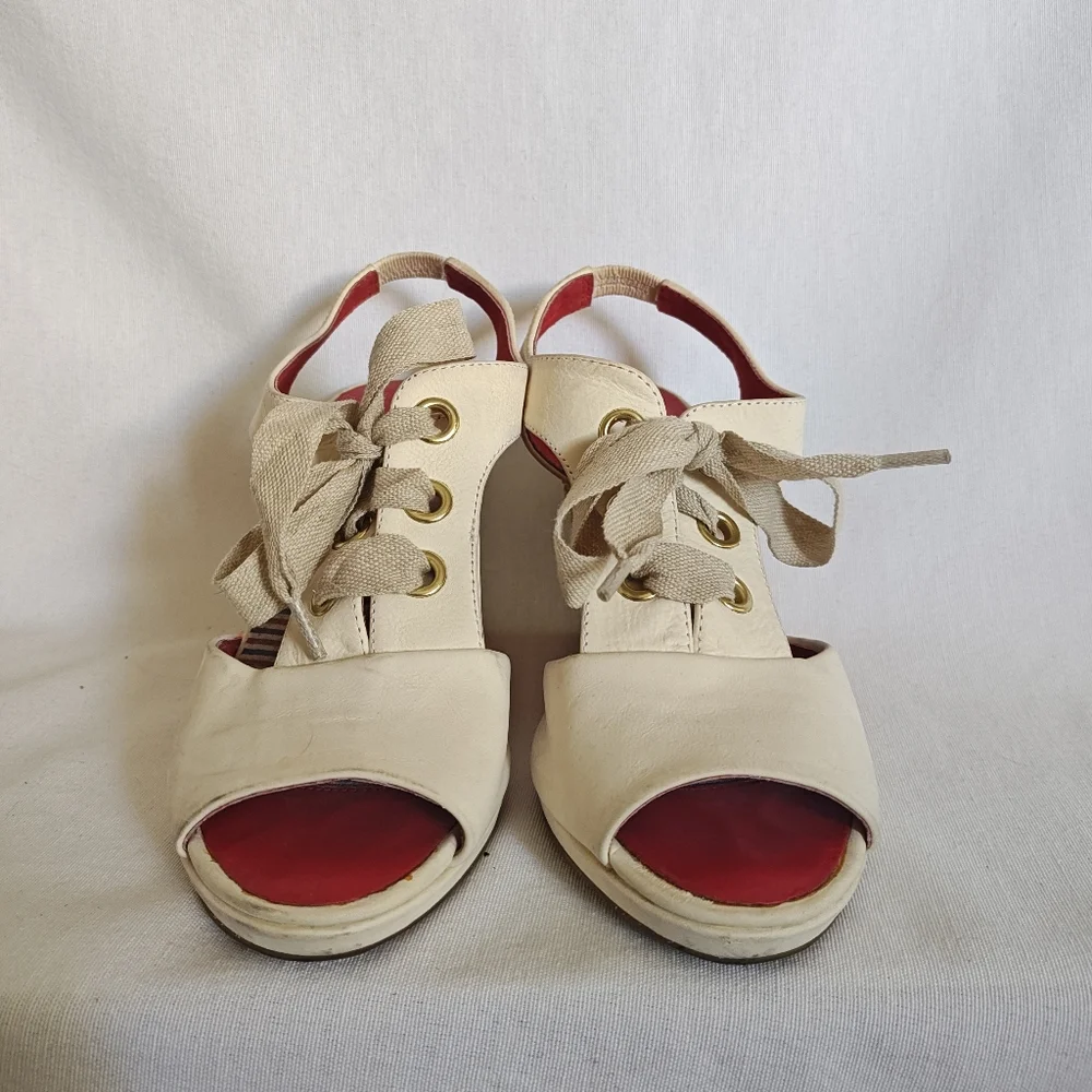 Johnston & Murphy Wedge Sandals Lace Up Espadrilles Cream 6.5 Leather‎ Natural